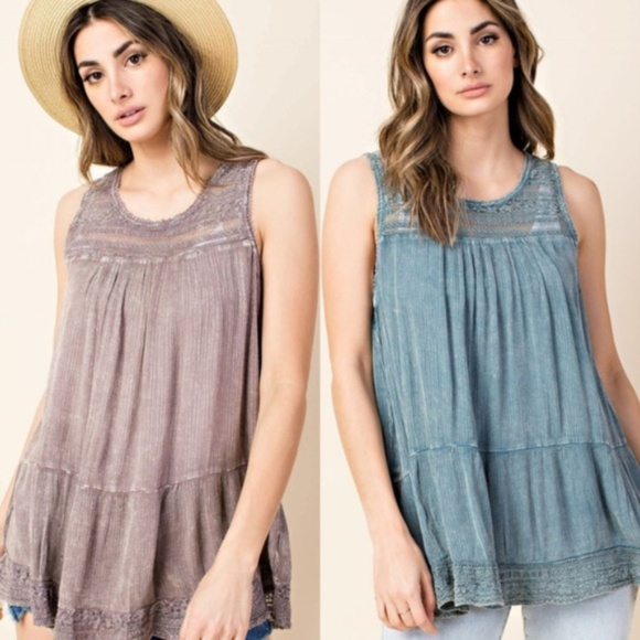 Ruffled Bottom Double Lace Washed Top - Picture 2 of 2